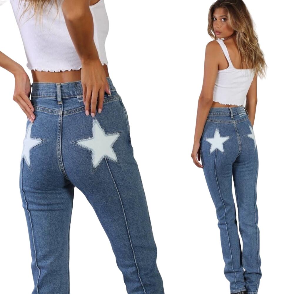 Revice Uptown Almost Famous Jeans Fitted Logo Stars Back Medium Wash Womens 27